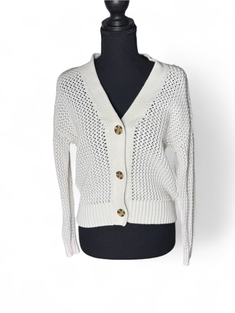 GAP Cream Open Knit V-Neck Button Front Cardigan Sweater Size Small